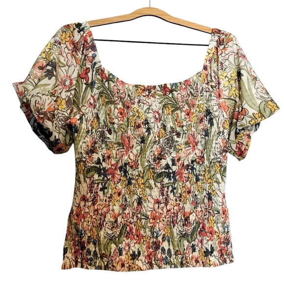 Anthropologie Aurelia Pink and Yellow Puff Sleeve Smocked Blouse Boho Large - Picture 3 of 9